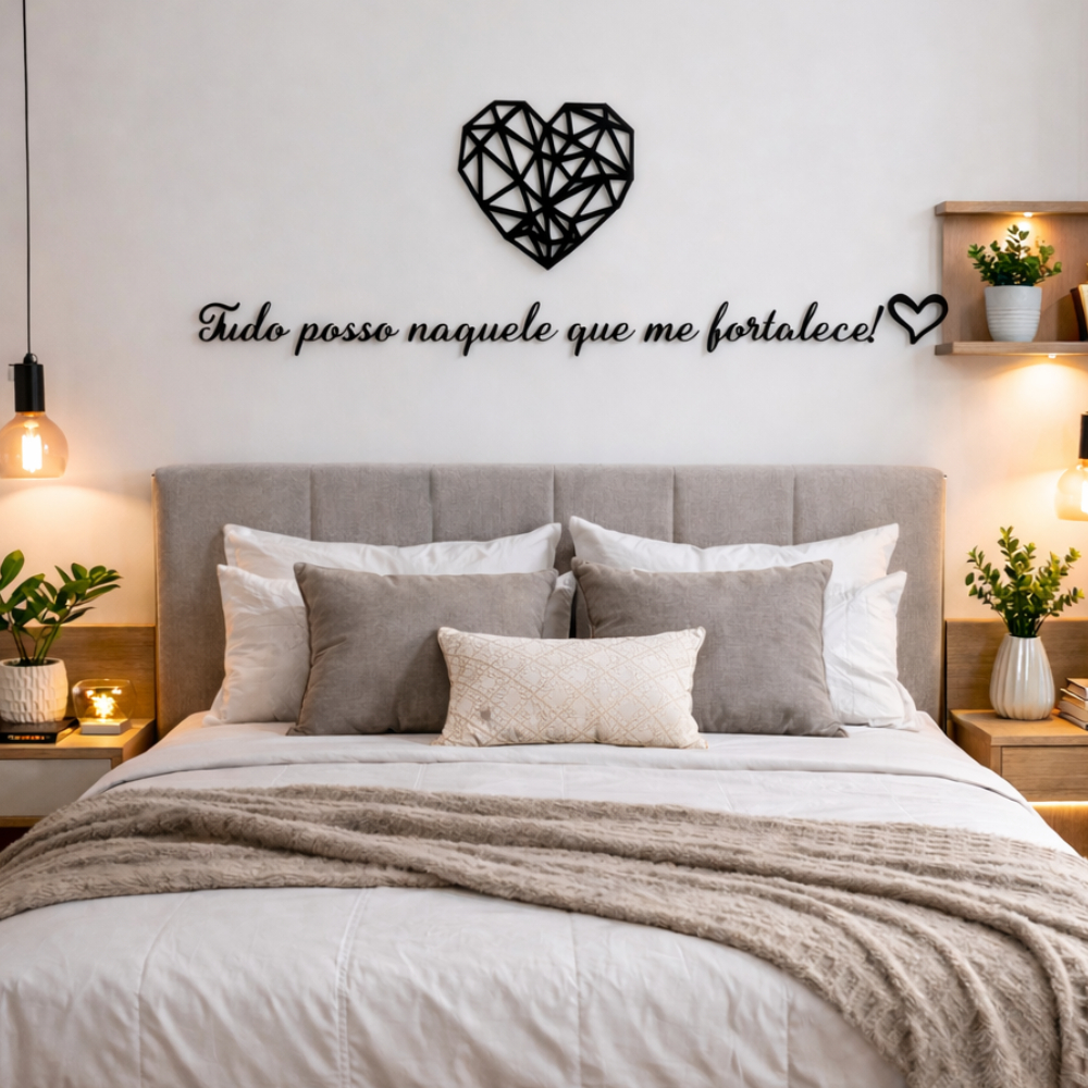 Frase de Parede Tudo posso naquele que me fortalece! + coração Geometrico Lettering MDF religioso