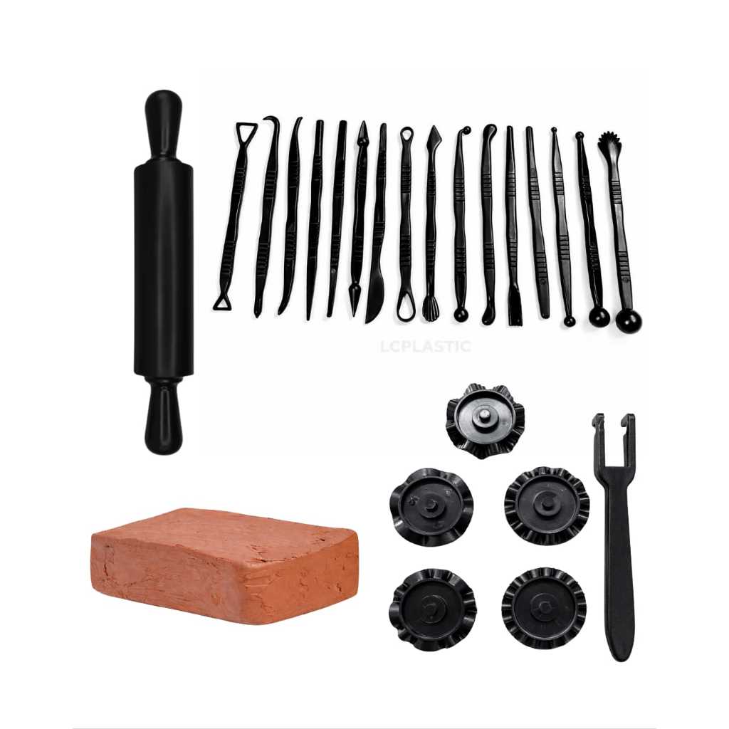 Kit Estecas 16 Pçs + Rolo 23cm + Cortador Carretilha 5 em 1 + 1Kg Argila