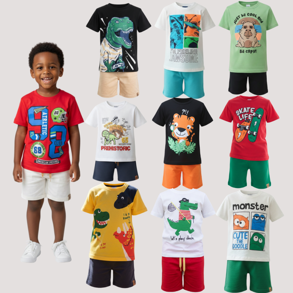 Conjunto Infantil Masculino Verão – 1 Camiseta + 1 Bermuda – Roupa de Menino Sortida e Confortável