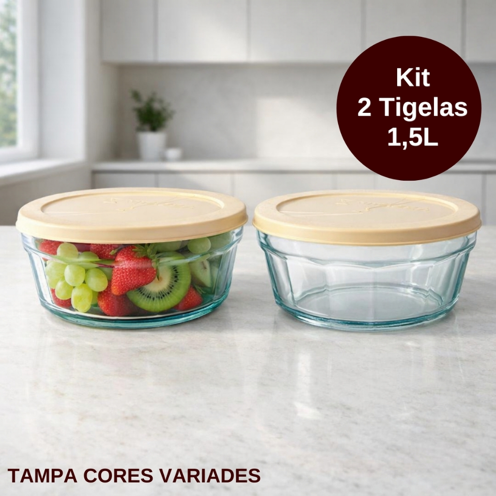 Kit 2 Potes Tigela De Vidro Saladeira Com Tampa Plastica 1,5 Litros 20CM