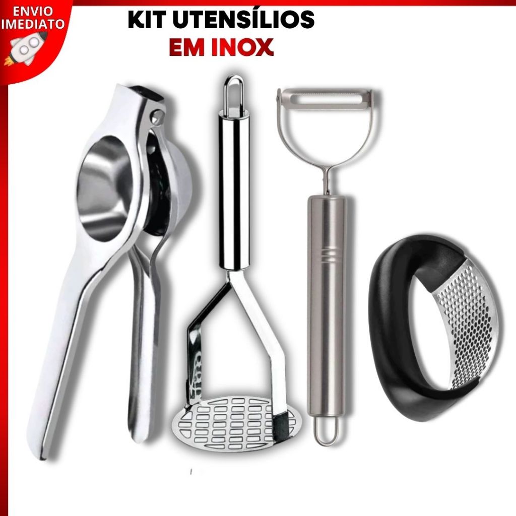 Kit Utensílios Inox Amassador de Batata Espremedor de Limão e Alho Descascador de Legumes em Oferta na Shopee