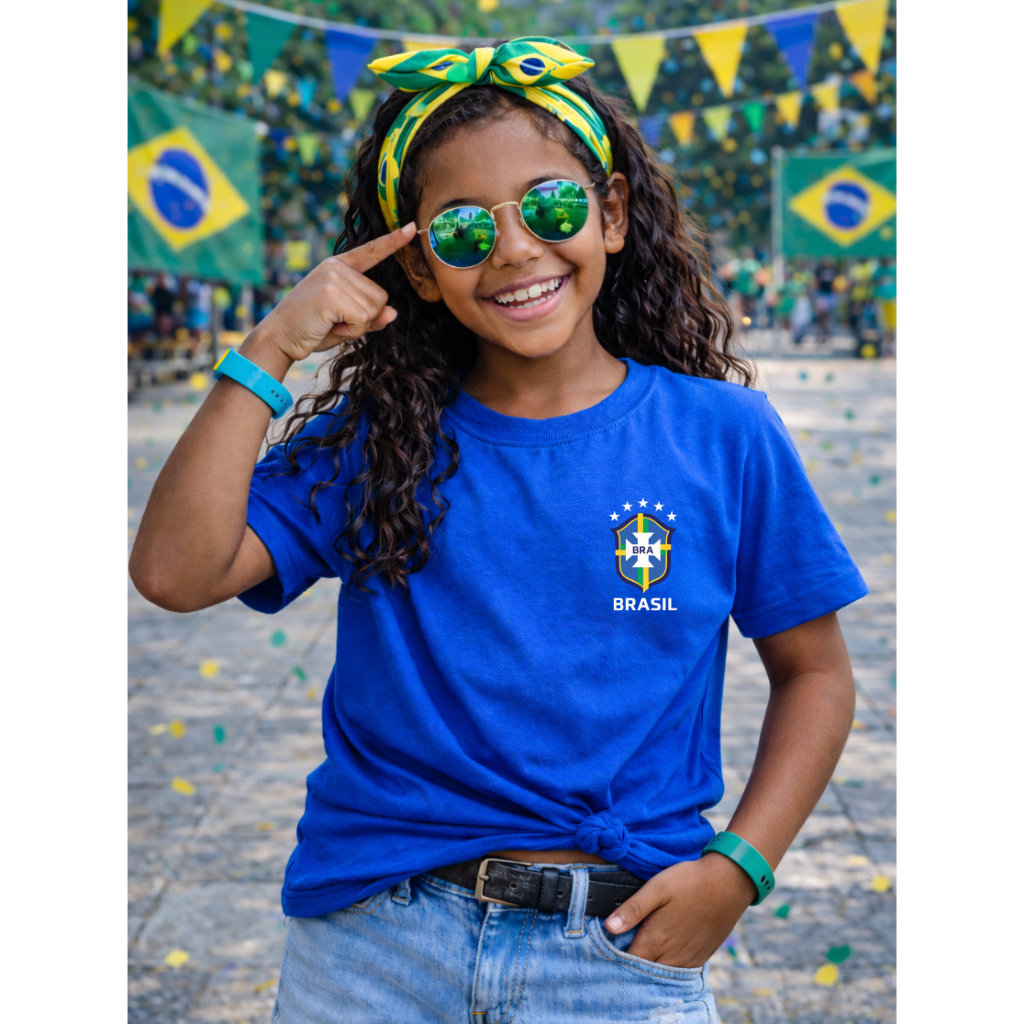 Camiseta Escudo Brasil iInfantil Unisex Juvenil Copa do Mundo Brasileiro Algodão DTF06