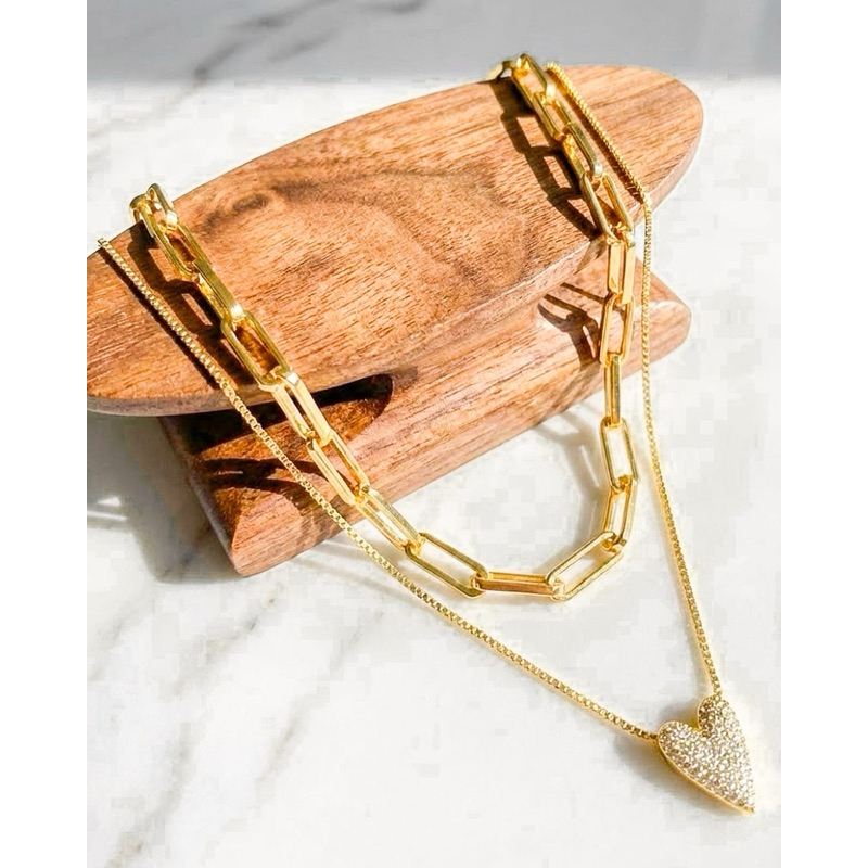 Corrente Elos, Choker ou Mix de Choker e Colar Coração Banhado a Ouro 18K Feminino