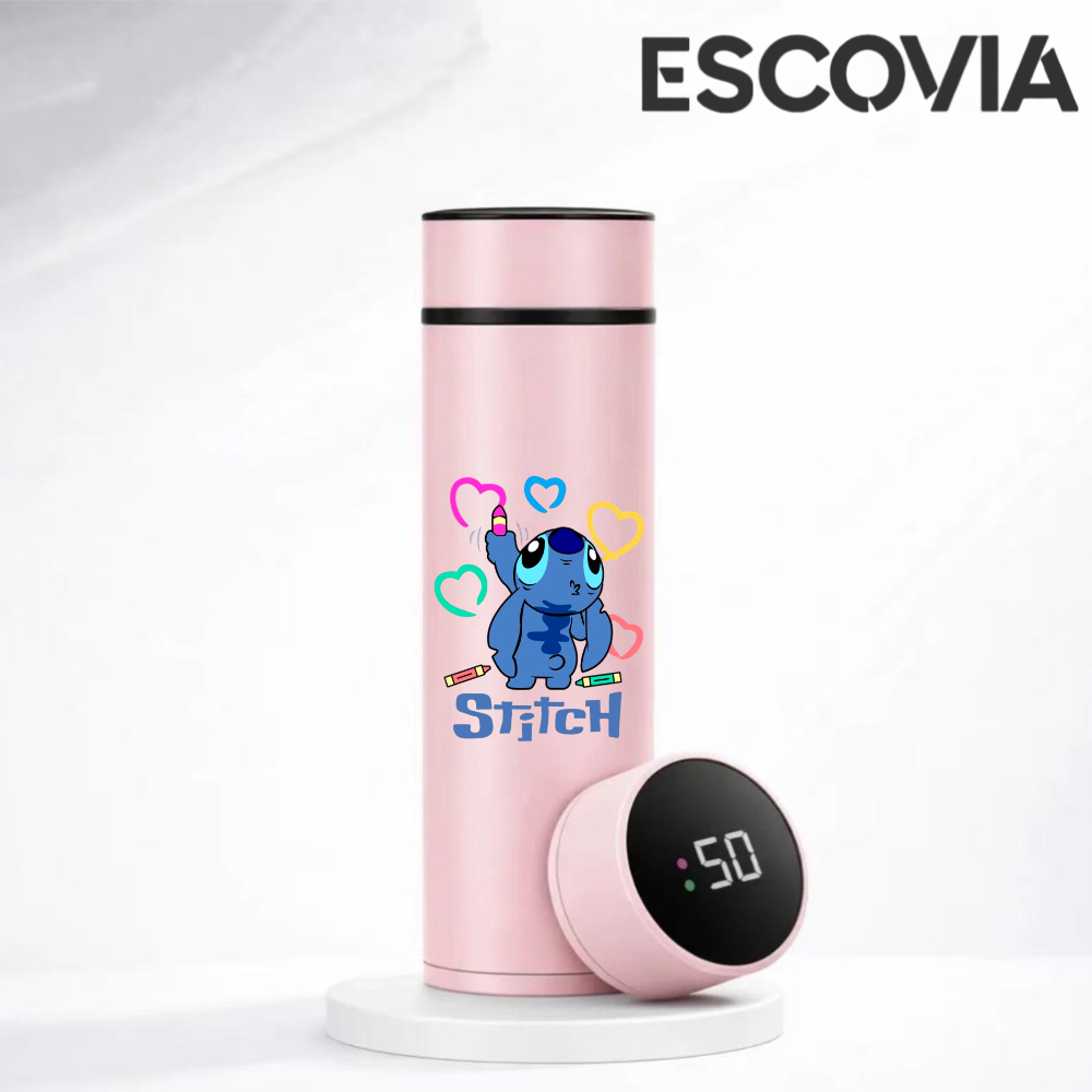 Garrafa Térmica Aço Inoxidavel Parede Dupla Stitch Desenhando com Medidor De Temperatura Digital 500ml