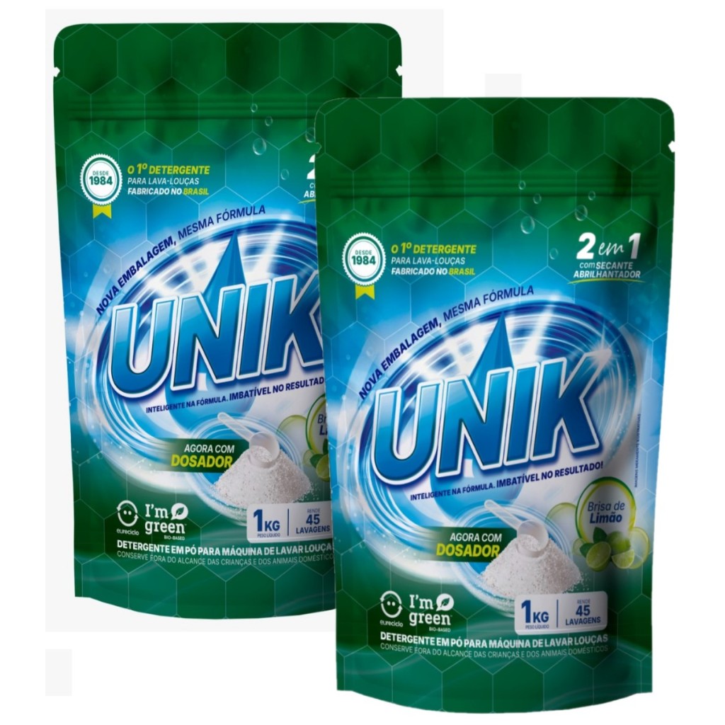 Imagem 2 Kg Sabão Unik lava louças Sem Fragrância ou Limão c/ Secante e Abrilhantador em pó 2 cx's de 1 kg.