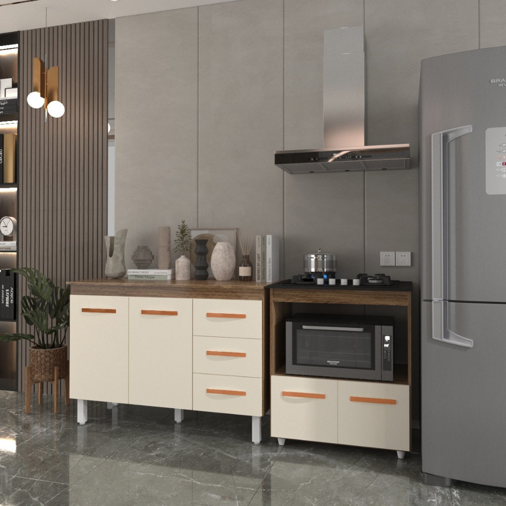 Balcão Armário Gabinete Bruna 118 cm Savana Off White com Tampo Savana e Balcão Evelyn Cooktop 4 Bocas Savana Off White
