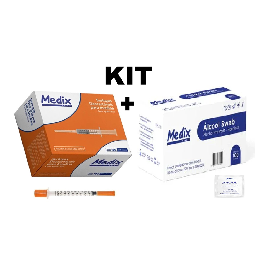 Kit c/100  Seringas 1mL 12,7 X 0,33mm com Agulha Fixa Fina Insulina Botox +Álcool Swabs  Lenços CX C/100un (Medix)