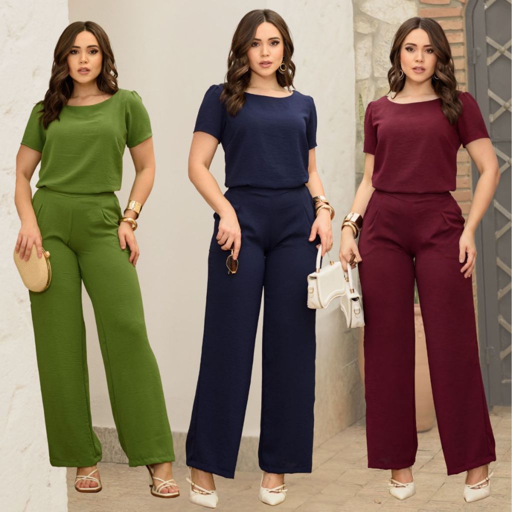 Conjunto Feminino Casual Calça e Blusa Manga Princesa Com Bolsos Lançamento Alfaiataria em Oferta na Shopee