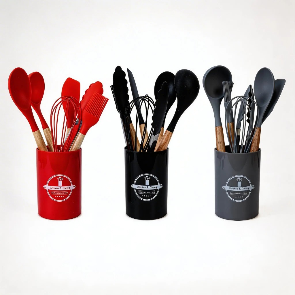Jogo De Cozinha Silicone Cabo Madeira 7 Peças Completo Espátula Pincel Fouet Concha Suporte Premium