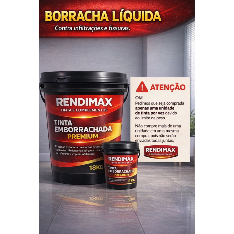 Tinta Borracha Líquida Rendimax 18 kg Flexível Lavável impermeável Reboco-Laje-Bloco Tinta Borracha Líquida Rendimax 18 kg Flexível Lavável impermeável Reboco-Laje-Bloco