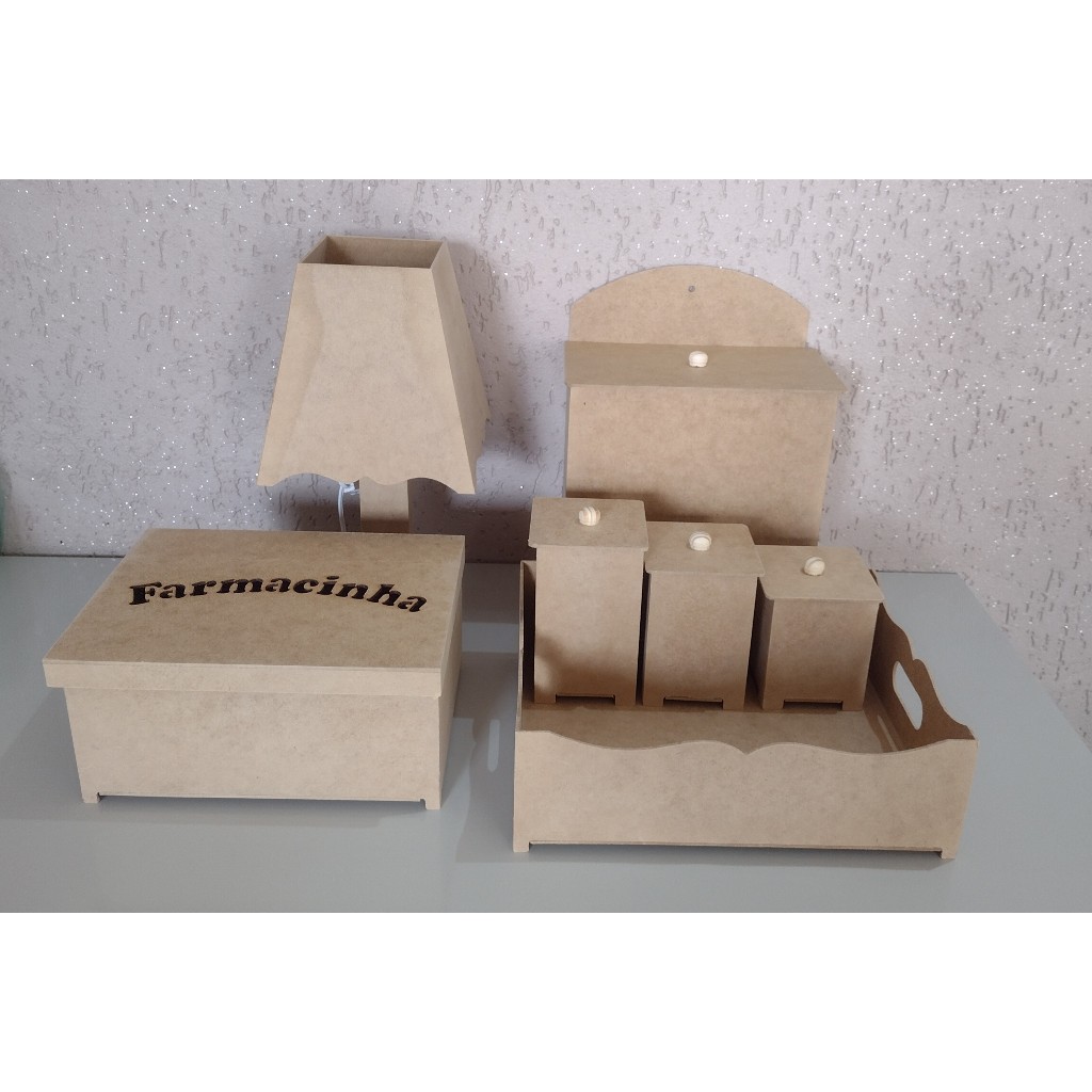 Kit De Bebê Higiene Liso 7 peças Com Farmacinha   Em MDF Cru ( Montado)