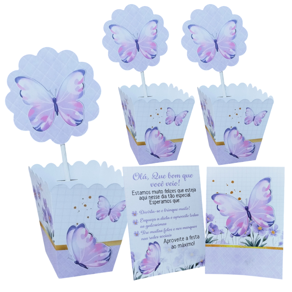 10 centro de mesa + 10 plaquinha - tema borboleta Lilás jardim encantado LILAS - lembrancinhas temática para aniversário