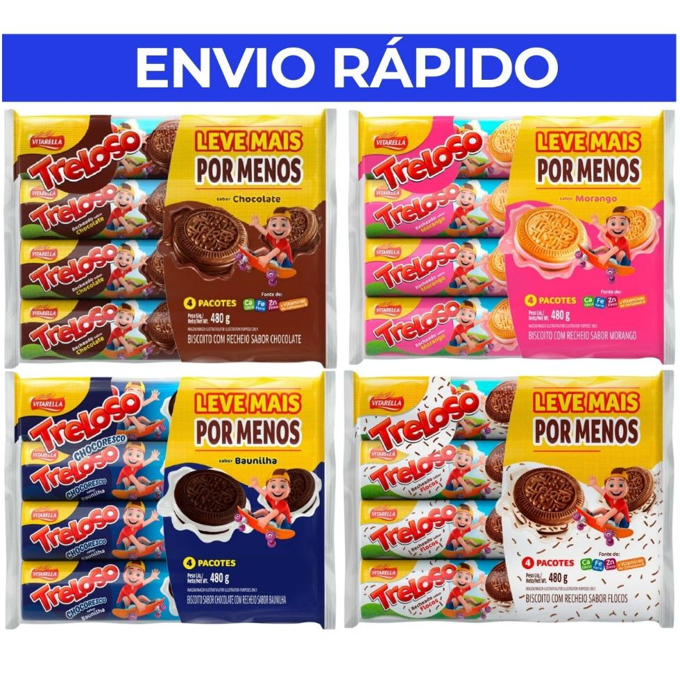 Kit biscoito treloso recheado 4 unidades 120g - Vitarella | Chocolate/Morango/Flocos/Brigadeiro/Chocoresco | Nordeste em Oferta na Shopee
