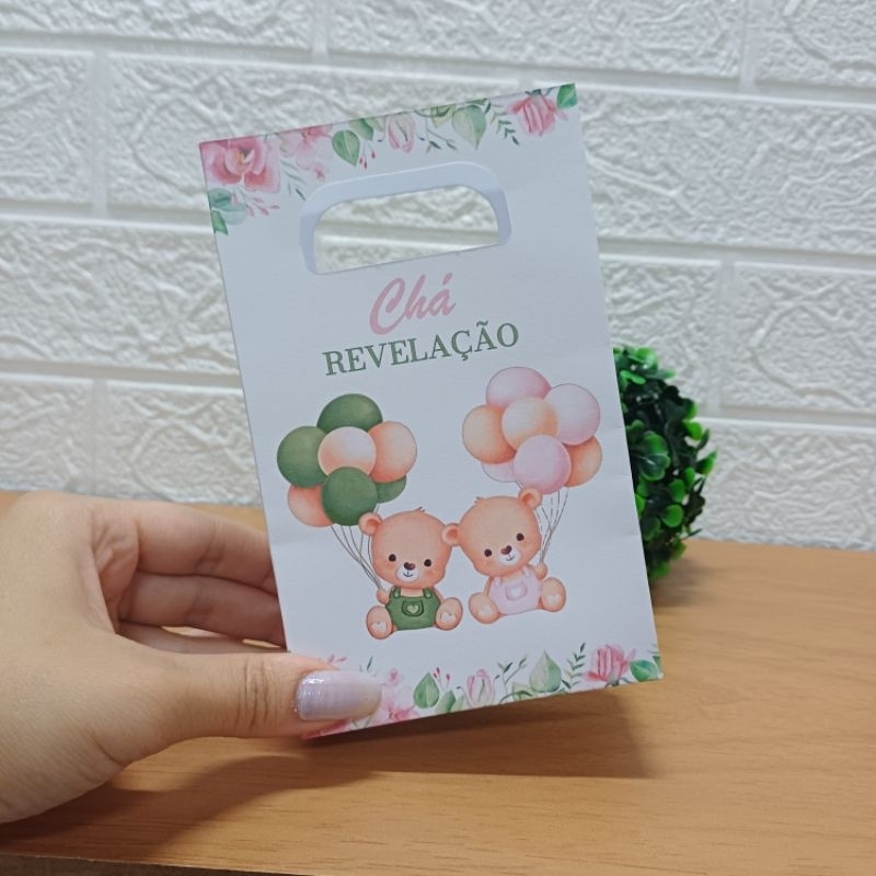 Sacolinha Personalizada Chá Revelação Ursinhos Verde e Rosa (PEGUE E MONTE) Sacolinha Surpresa Lembrancinhas para festa