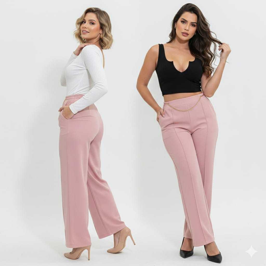 Kit 2 Calças Pantalona Duna Wide Leg Com Bolsos e Detalhe Em Corrente Social Feminina Alfaiataria