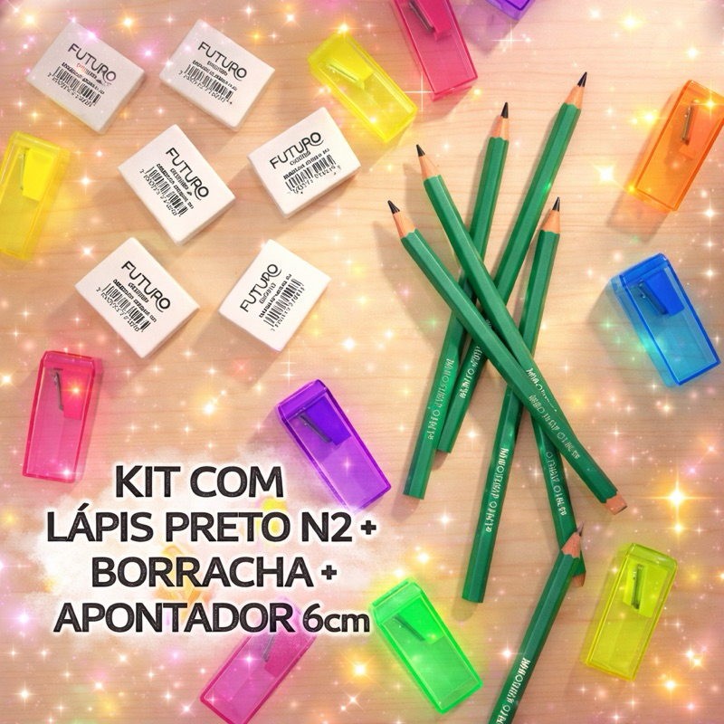KIT ESCOLAR COM 12 LÁPIS DE ESCREVER Nº2 + 12 BORRACHAS BRANCAS N40 + APONTADOR COM DEPÓSITO