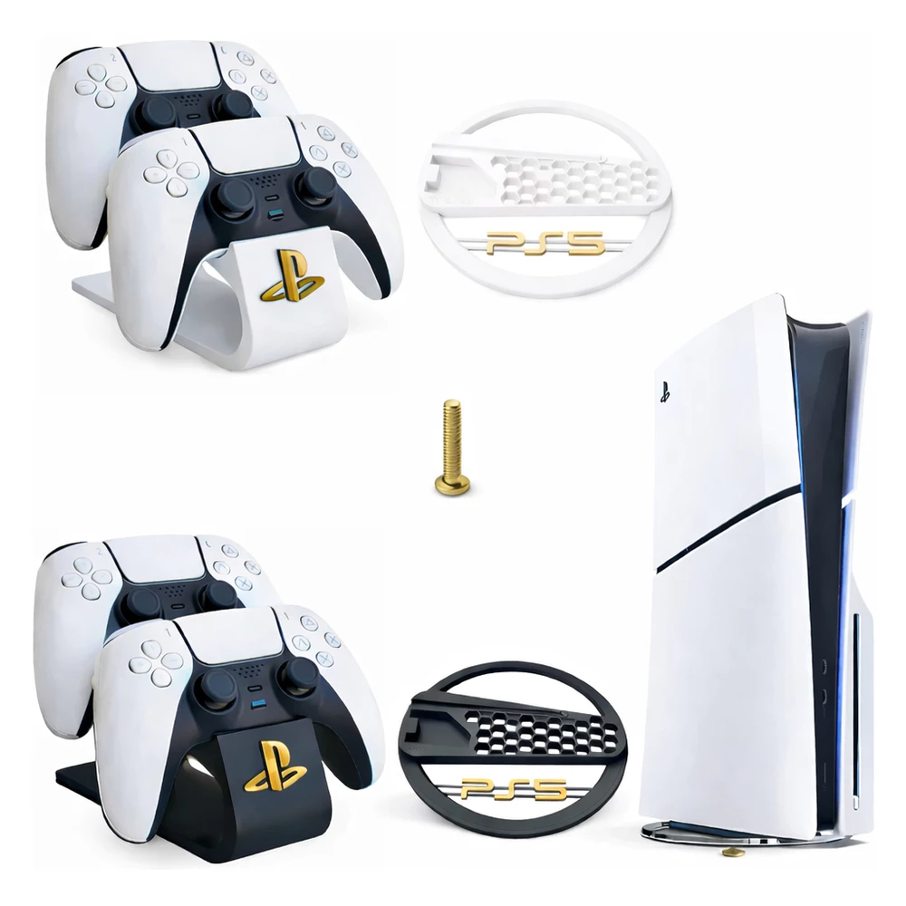 Kit Base Stand Vertical e Suporte Duplo Para Controles Playstation Ps5 Slim Compatível com Disco Digital e Físico