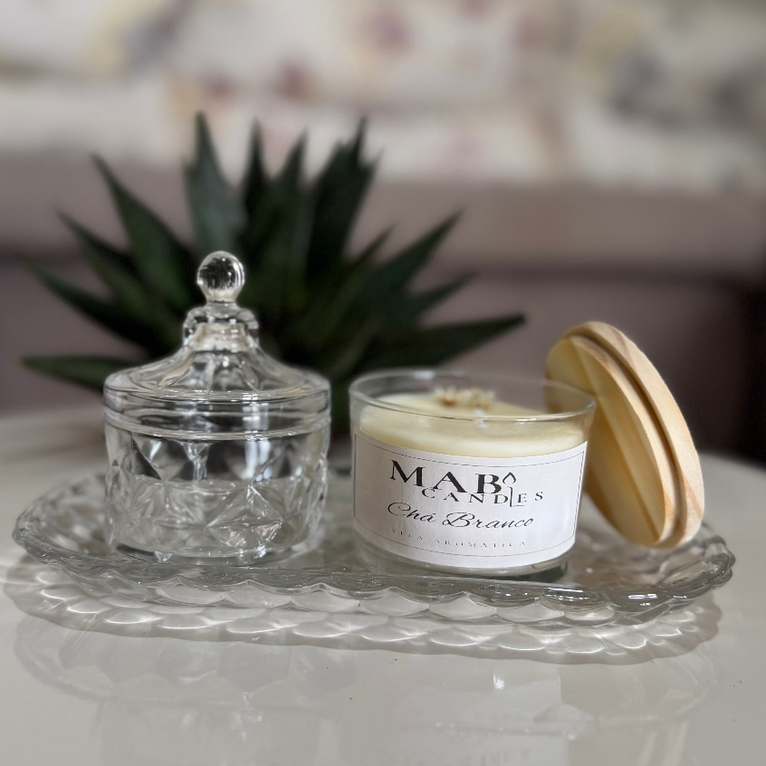 kit plimplim decore  vela aromatica + bandeja vidro + potiche