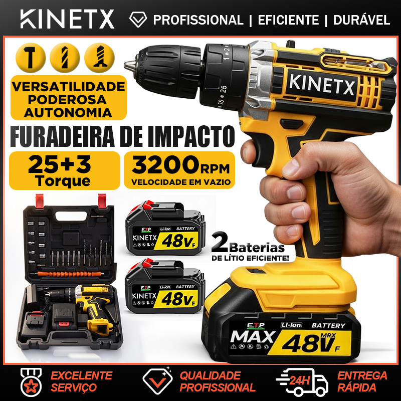 Furadeira Impacto Parafusadeira Sem Fio 48V 2 Baterias 3 em 1 Maleta e Acessorios Profissional 3/8 10mm l KINETX em Oferta na Shopee