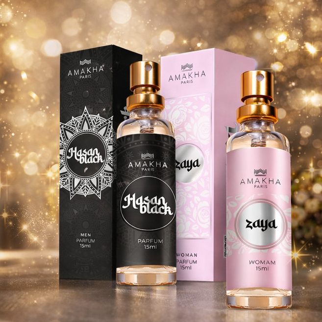 Kit de Perfumes Árabes : Zaya 15ml - Feminino + Hasan Black Parfum 15ml - Masculino