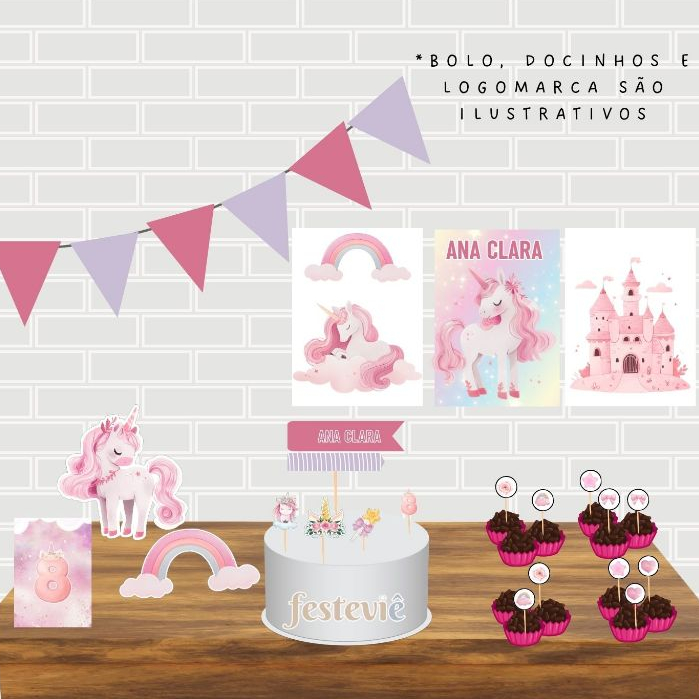 Kit festa em casa unicórnio aniversário personalizado candy mesversário só um bolinho rosa encantado