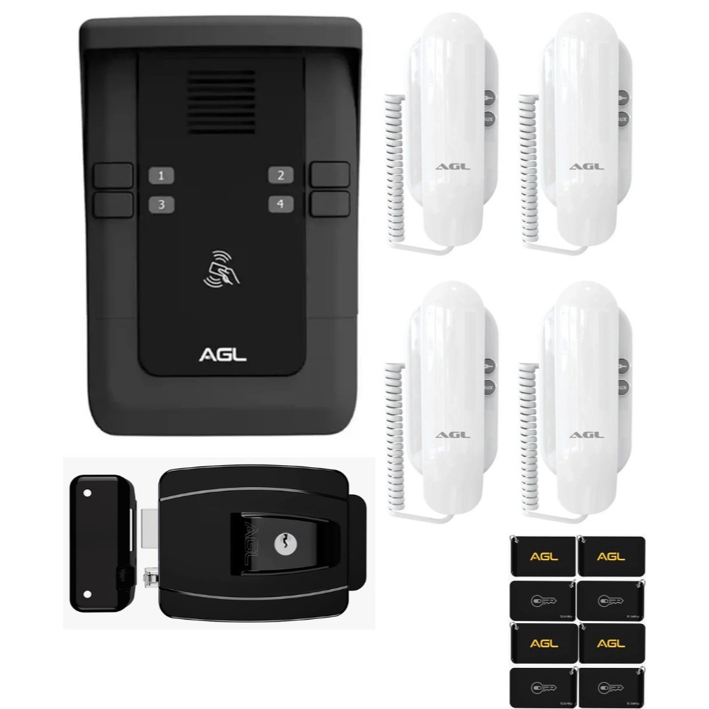 KIT PORTEIRO COLETIVO AGL S500 4 PONTOS BLUETOOTH+ 4 MONOFONES + 8 TAG + FECHADURA - (KIT INTERFONE)