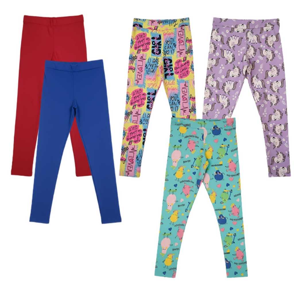 Kit 5 Leggings Infantil Feminina com Elastano Lisa e Estampada Cores Sortidas
