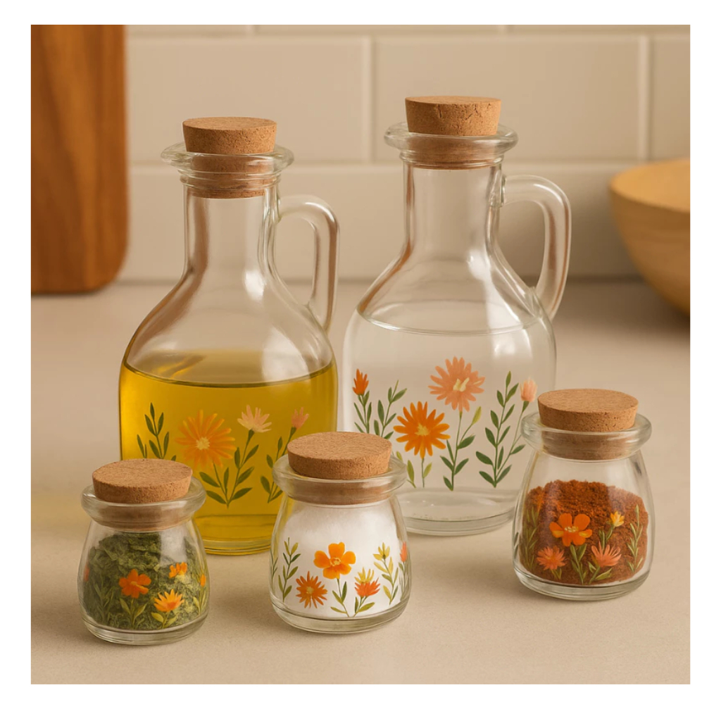 Galheteiro em Vidro Lyor Floral Garrafa para Azeite Vinagre Porta Temperos com Tampa em Cortiça Provence 185ml Lyor