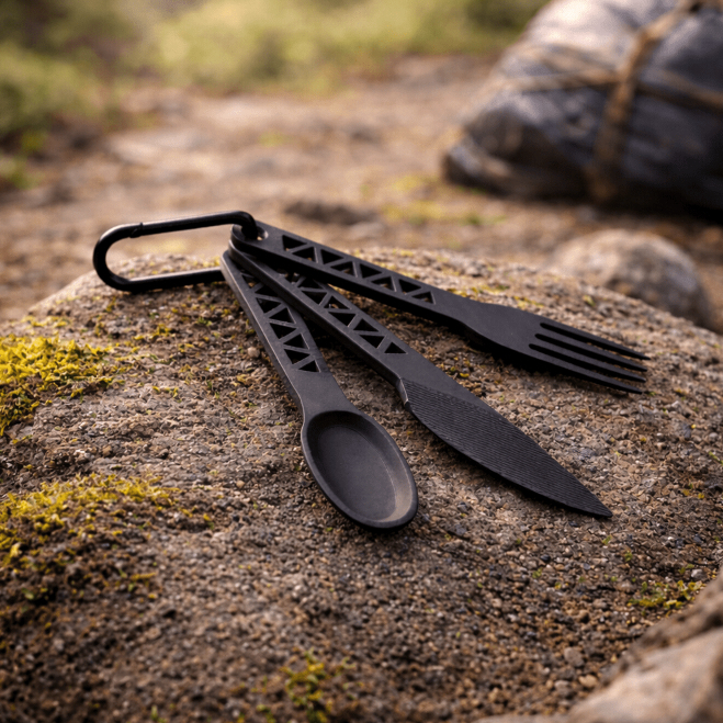 Kit de Talheres Camping Portátil com Mosquetão – Leve e Resistente para Trilha e Viagem