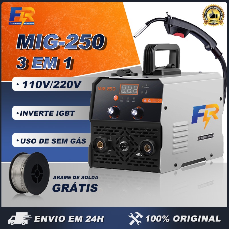 Máquina de Solda Inversor MIG-250 Sem Gás 3 em 1 MIG, MMA e TIG