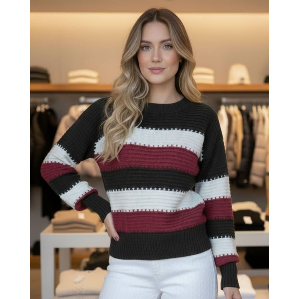 Blusa de Frio Suéter Feminino Tricot Listrado Punho Canelado Manga Comprida Casual Outono Inverno em Oferta na Shopee