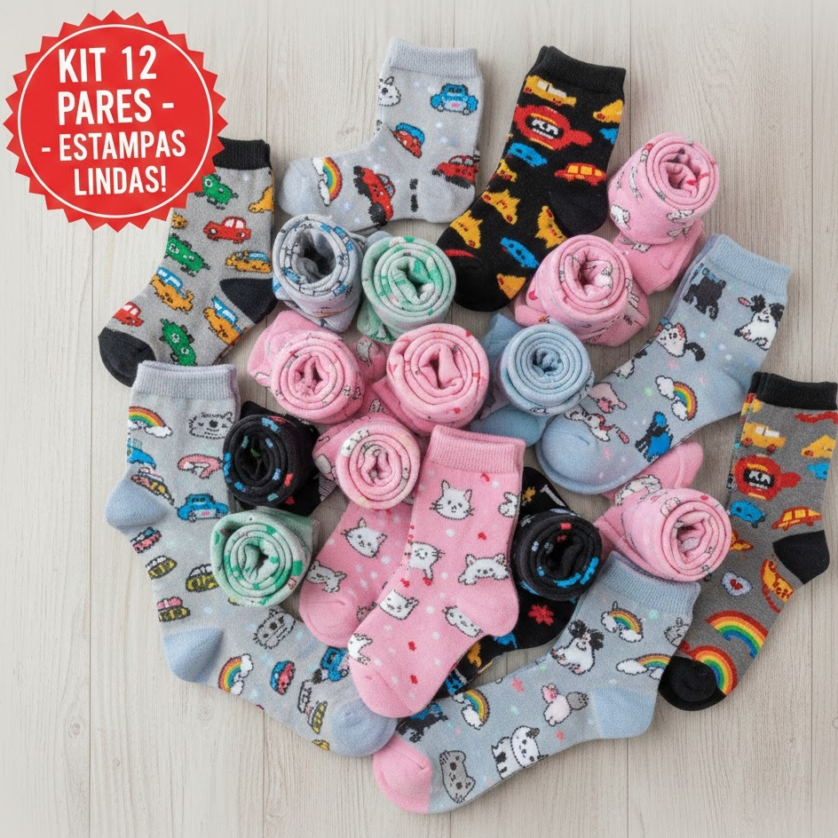 Kit 12 meias infantil Feminina / Masculina de algodão em Oferta na Shopee