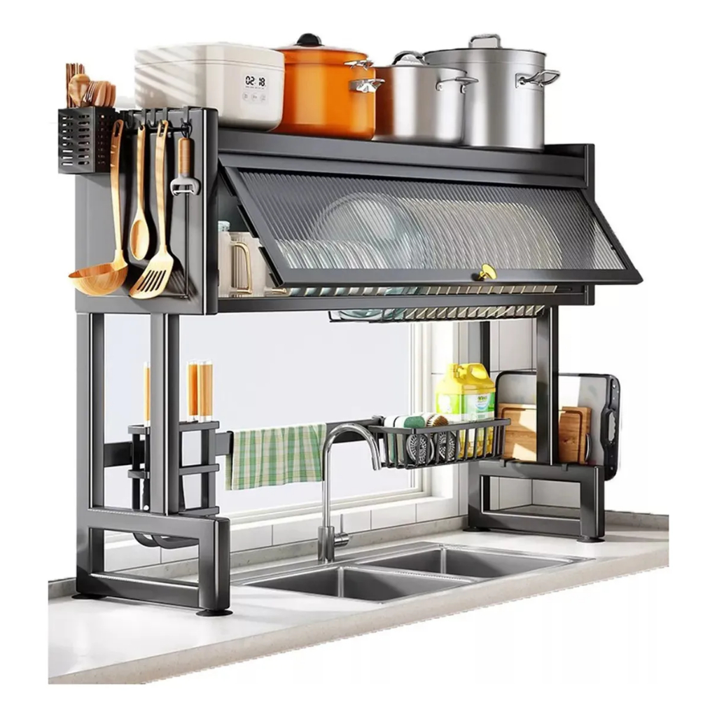 Escorredor de Louças Metálico, Escorredor à Prova de Poeira com Porta de Armário Multifuncional Pia em Oferta na Shopee