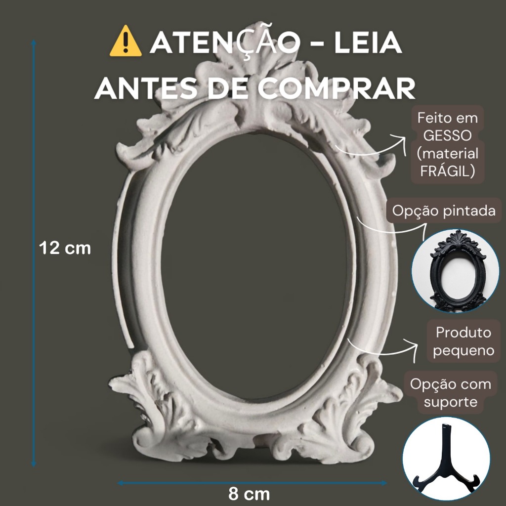 Mini Moldura Oval Vintage Artesanal de Gesso 12x8 cm – Vontarte (com ou sem suporte)