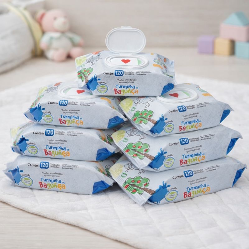 Kit 07 Pacotes Toalhas Umedecidas TURMINHA DA BAGUNÇA- 120 Folhas - com tampa - 98% Água