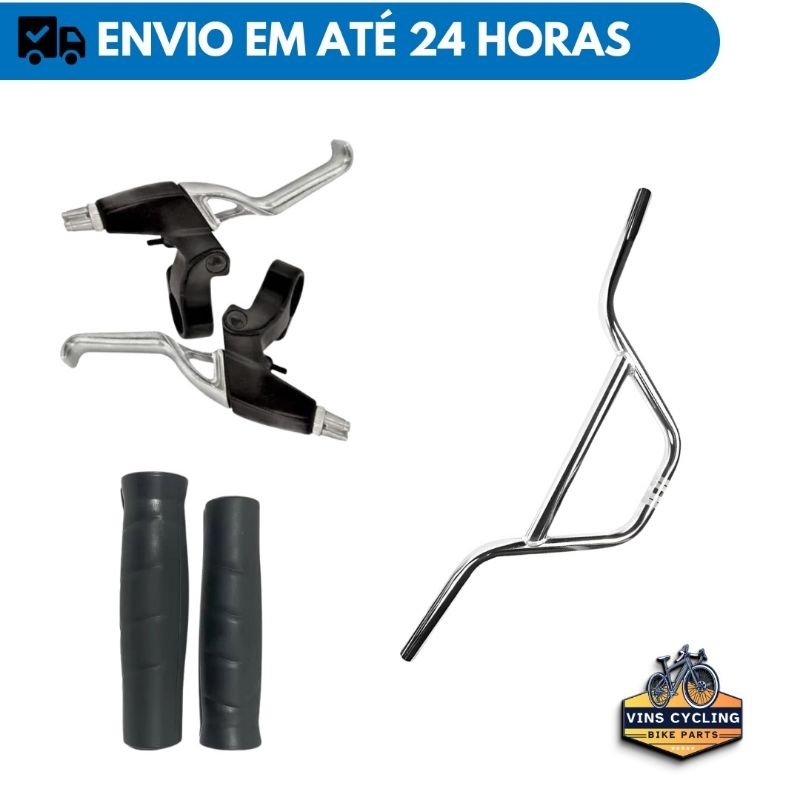 Kit Guidão Cross MTB Alto Cromado + Manete Alumínio Logan + Manopla Gel - Kit Grau Bike