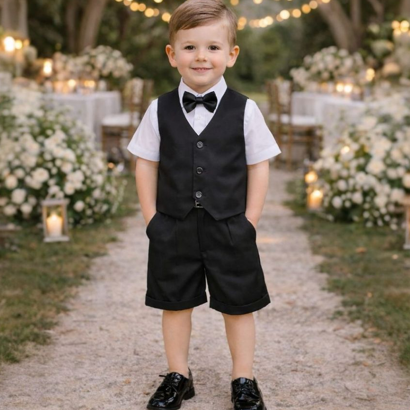 Conjunto Social Infantil Menino Preto Colete Camisa Short Gravata Festa