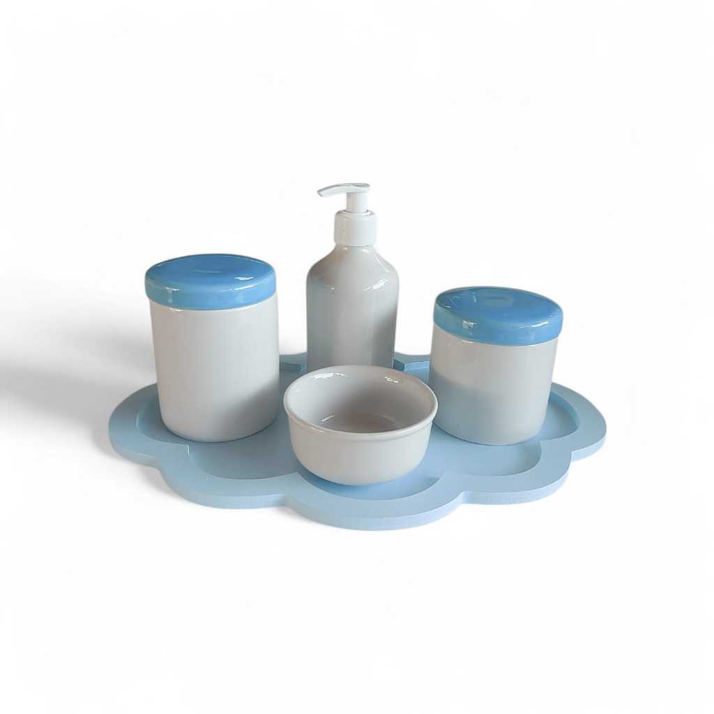 Kit Higiene bebê porcelana potes porta algodão cotonete tampa azul saboneteira liquida nuvem azul menino maternidade