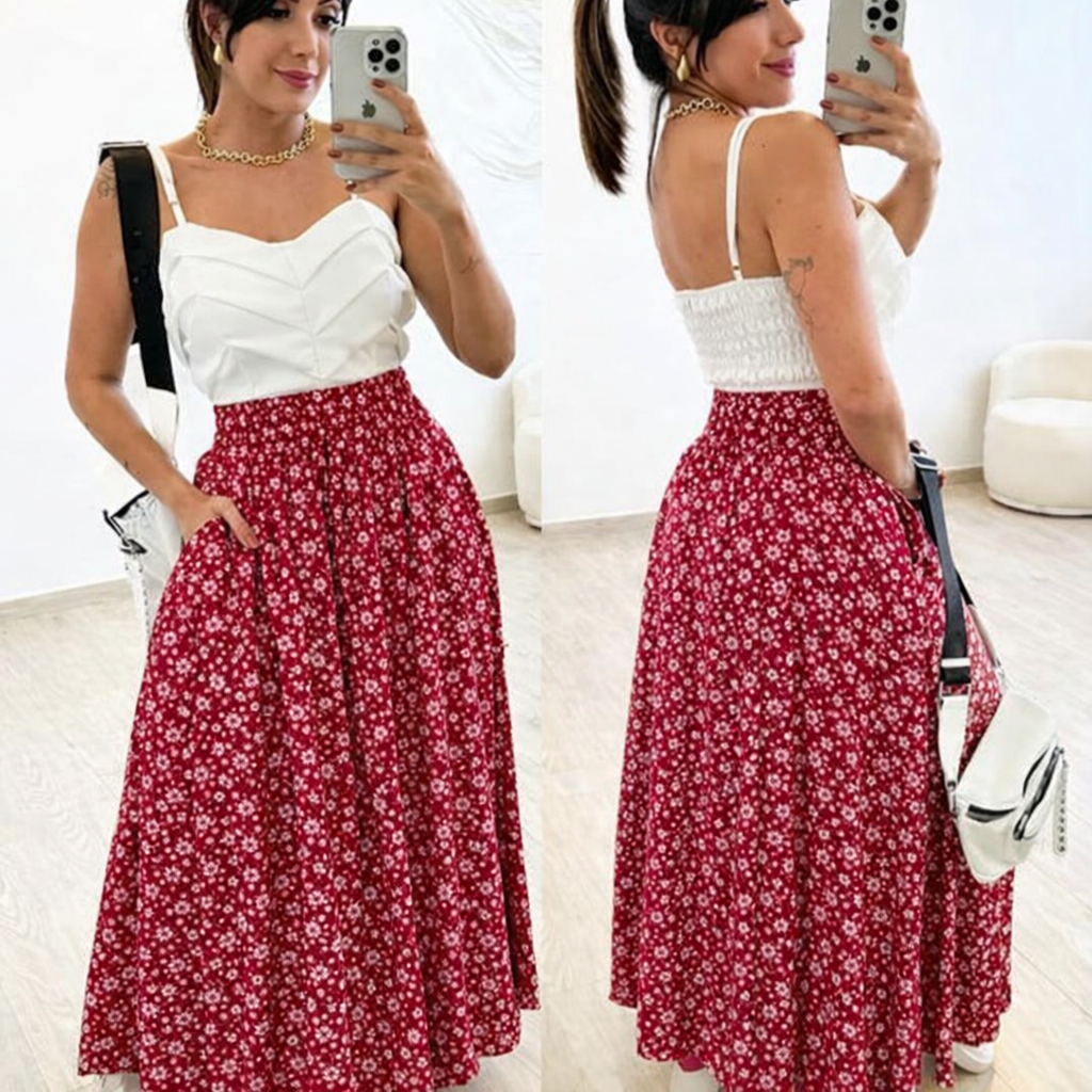 Saia Longa Feminina evangélica Cintura Alta com Fenda Lateral Estampada Moda Casual Elegante