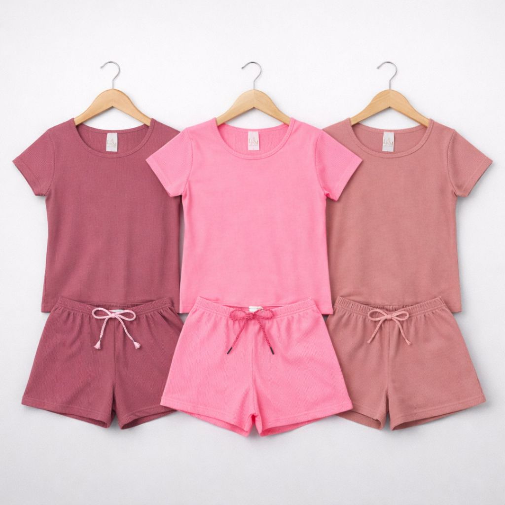 Conjunto Infantil Menina Ribana Canelada Blusa Manga Curta + Shorts Verão/ Avulço, Kit 2, Kit 3| 04 ao 12 Anos