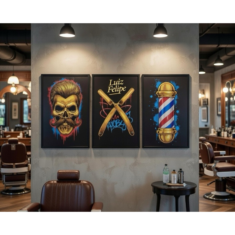 Kit Quadro Decorativos 3 Peças 60x40 Barbearia Personalizada Com o Seu Nome ou Sua Barbearia