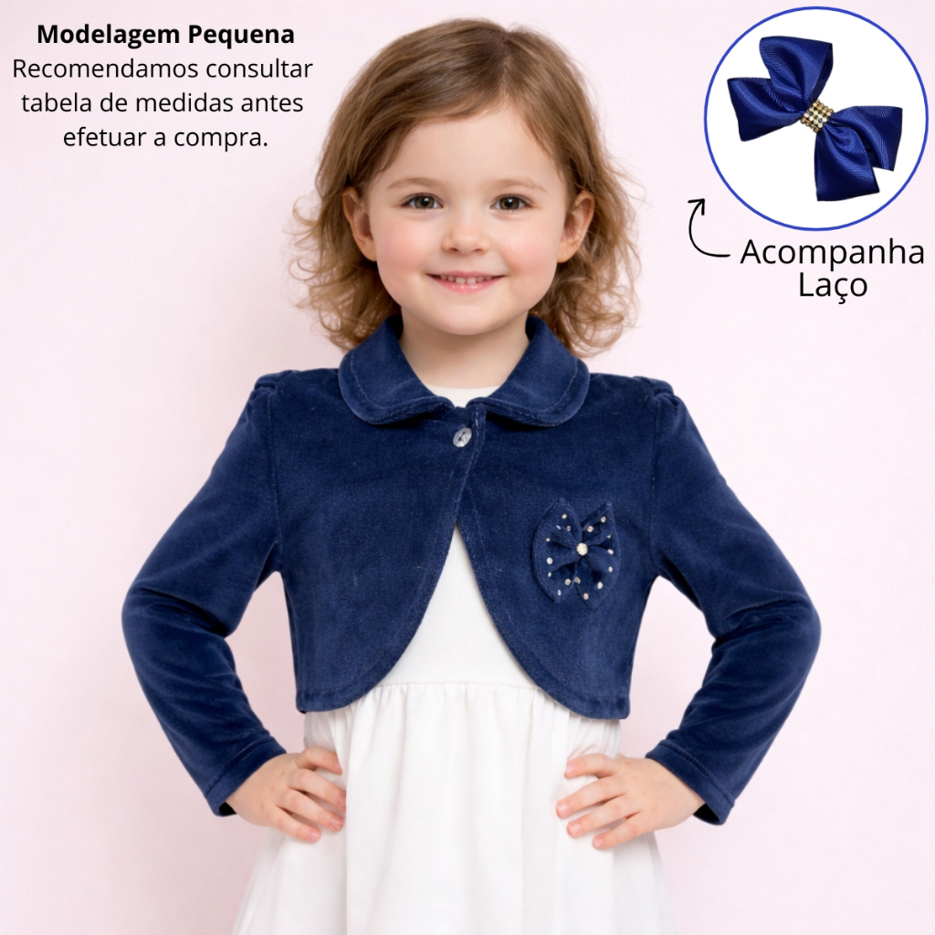 Bolero Infantil Casaco Casaquinho De Plush Azul Marinho Com Laço Festa Menina