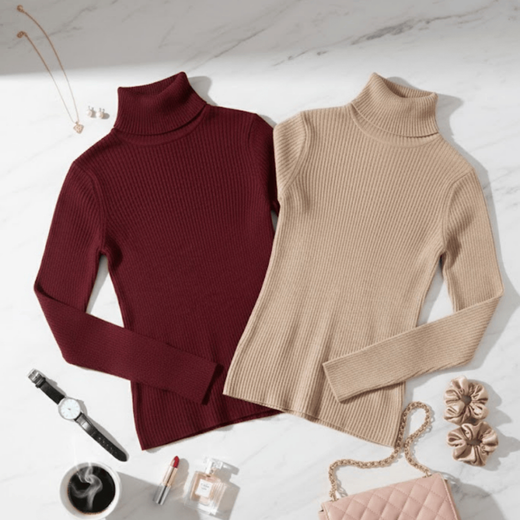 Kit 2 Blusas Femininas Gola Alta Caneladas Manga Longa Ajuste Confortável Inverno Elegante Casual