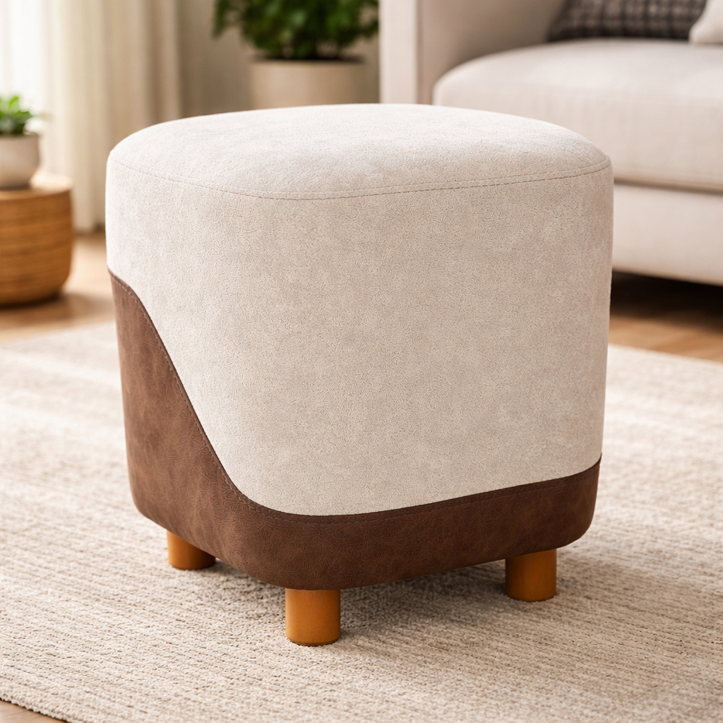 Puff New Decorativo Organico Puff Quadrado Tecido Boucle Luxo Bege com Com Marrom