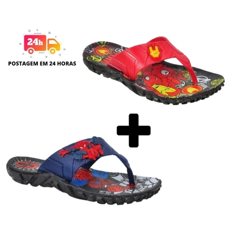 Kit 2 Pares de Chinelo Infantil Menino Homem Aranha, Homem de Ferro, Ben 10, Capitão.