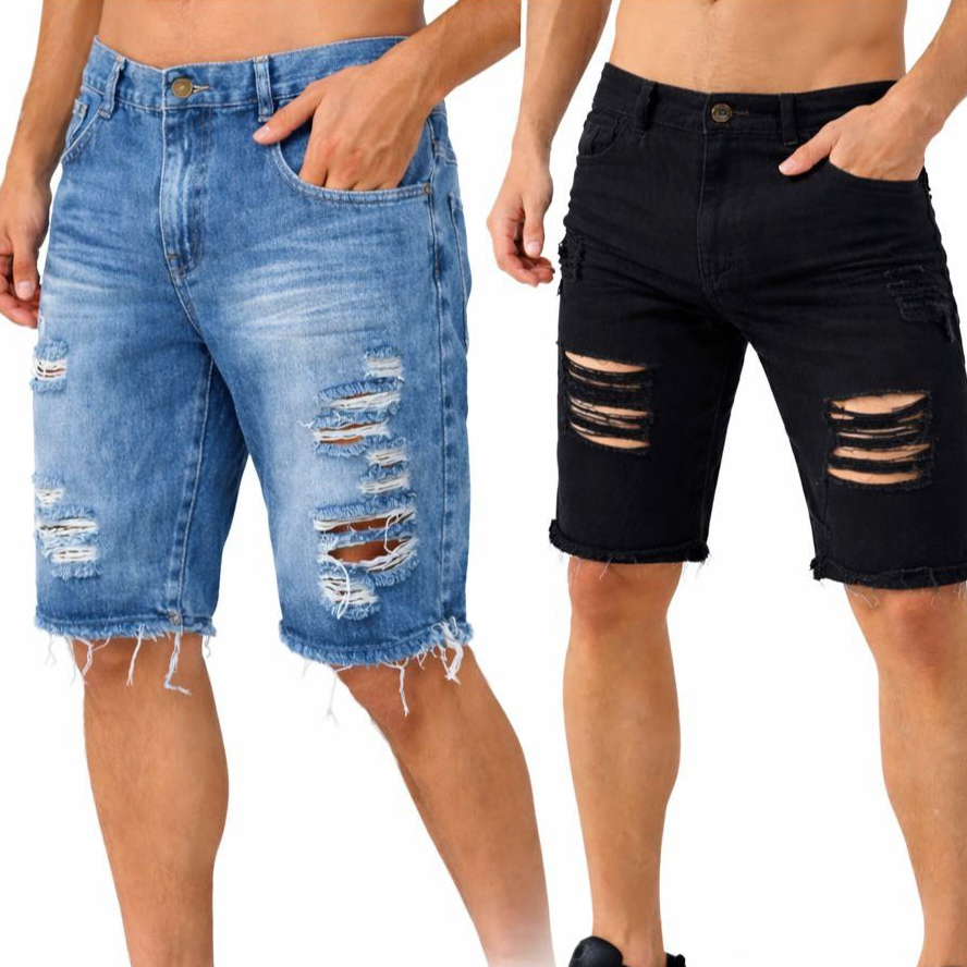 Kit 2 Bermuda Jeans Masculina Várias Cores Slim Fit Destroyed Short Rasgado Na Promoção