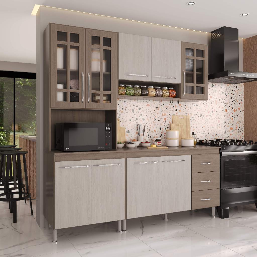 Armário de Cozinha Modulada Compacta Fidelitá Paris 3 Peças 190cm 9 Portas 3 Gavetas Com Tampo Nogal/Salinas em Oferta na Shopee