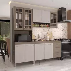 Armário de Cozinha Modulada Compacta Fidelitá Paris 3 Peças 190cm 9 Portas 3 Gavetas Com Tampo Nogal/Salinas