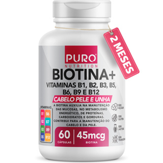 Biotina + Puro Nutrition Pele, Cabelo e Unhas, 45 mcg, Vitaminas B1, B2, B3, B5, B6, B9 e B12 em Oferta na Shopee