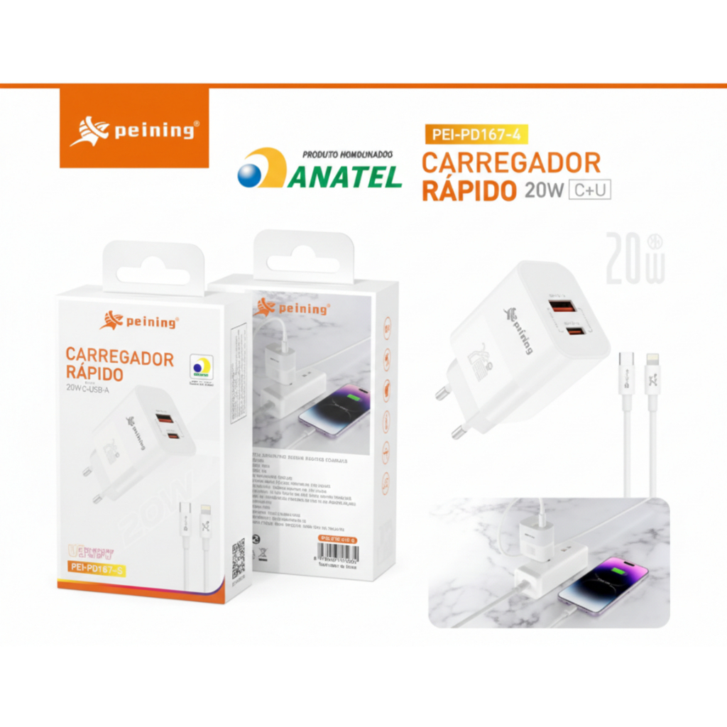 Kit Carregador Completo Para Iphone Entrada Usb Entrada Tipo C Original Peining Fonte 20W e Cabo Lightning Turbo